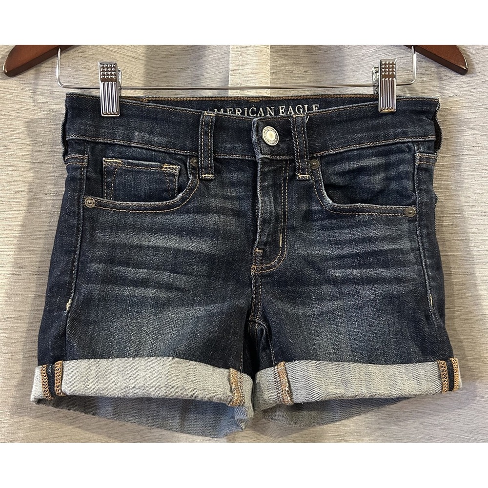 American‎ Eagle Next Level Stretch X Midi Shorts Women's 2 Blue Denim Cutoff